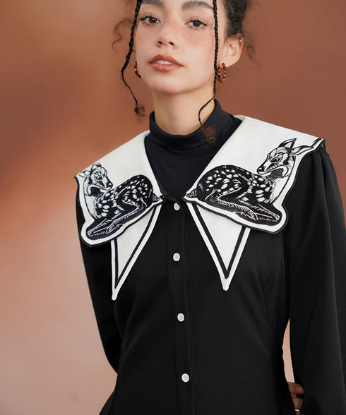 Deer Embroidery Collar Dress